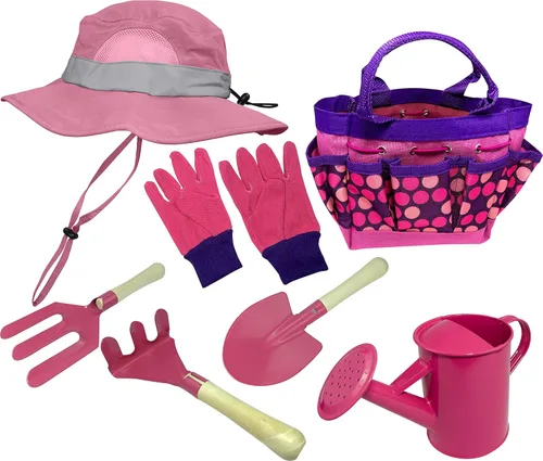 Juego de herramientas de jardinería para niños con sombrero de sol a juego (rosa)