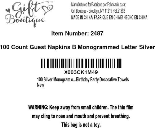 Miniatura 7 de Gift Boutique - 100 servilletas de invitados con monograma plateado en blanco, paquete de papel desechable con la letra B, elegante servilleta