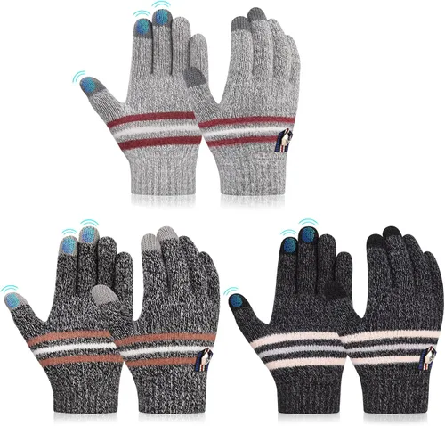 AOTOW Guantes de punto cálidos de invierno para niños 3 pares de guantes de algodón para pantalla táctil guantes para niños para correr deportes