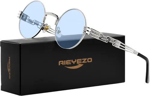 Miniatura 2 de AIEYEZO Gafas de sol redondas Steampunk Circle Lennon Hippie, montura de metal, lente con bloqueo UV 100%