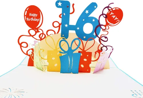 Miniatura 2 de iGifts And Cards Tarjeta desplegable 3D de cumpleaños de 16 años, regalos coloridos y escena de celebración de globos, divertido saludo