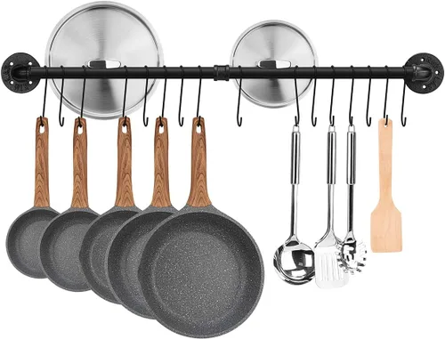 Miniatura 8 de Toplife Riel de ollas de 31.5 pulgadas, organizador de utensilios de cocina montado en la pared con tapa de sartén desmontable y riel colgante