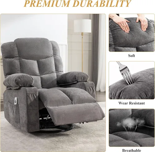 Miniatura 7 de MAHOMICO Swivel Rocker Recliner Chair with Vibration Massage and Heat for Living Room,with Rocking Function and Side Pocket, USB Charge Port,2 Cup