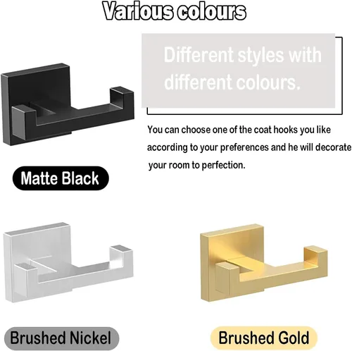 Miniatura 4 de BOZWELL Ganchos dobles para toallas para baño, montaje en pared dorado cepillado, paquete de 2 ganchos modernos de estilo cuadrado para bata, Oro
