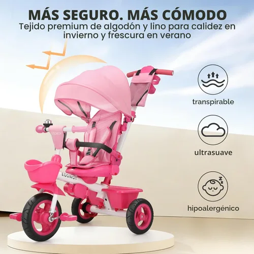 Miniatura 7 de EOOWOY Triciclo para niños pequeños con mango de empuje, triciclo cochecito 7 en 1 con asiento giratorio de 360°, respaldo reclinable, ruedas