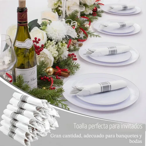 Miniatura 4 de Supernal Paquete de 120 cubiertos de plástico plateado, cubiertos de plástico enrollado, servilletas preenrolladas con juego de cubiertos, juego