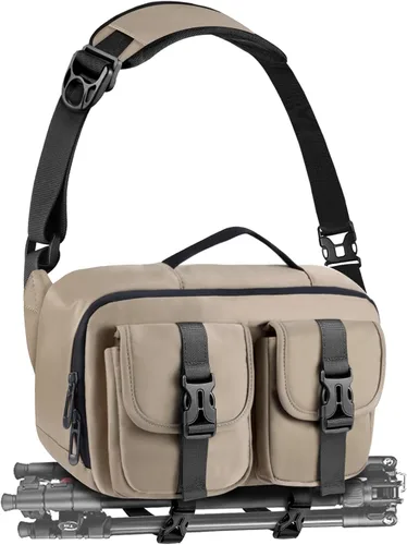 Miniatura 9 de Bolso bandolera para cámara TAAOKA, bolsa para cámara DSLR con soporte para trípode, bolsa de hombro impermeable para fotógrafos (Beige)