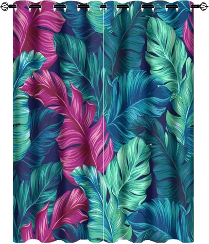 Miniatura 12 de Cortinas abstractas de hojas tropicales, acuarela tropical, hojas de palma, verano hawaiano, plátano, aislamiento térmico, cortinas completas