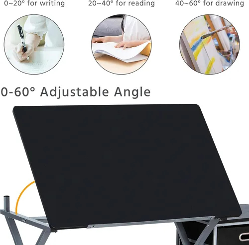 Miniatura 6 de Yaheetech Escritorio de dibujo, mesa de dibujo para artistas/adultos, escritorio de arte con taburete y 3 cajones deslizantes, estación de trabajo