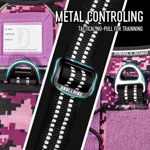 Miniatura 5 de Arnés táctico para perros medianos y grandes, camuflaje morado, control ajustable sin tirones con asa, chaleco reflectante resistente, talla M