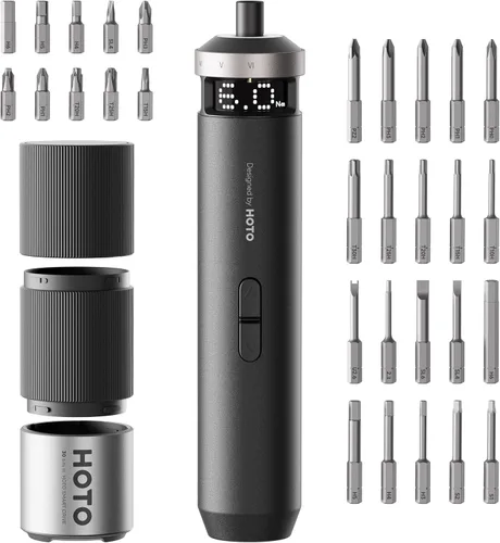 HOTO PixelDrive Destornillador Eléctrico, Pantalla Inteligente, 6 Ajustes de Torque, 0.5 a 6 N·m, Hexagonal de 1/4'' 30 Brocas, Luz LED, Juego de