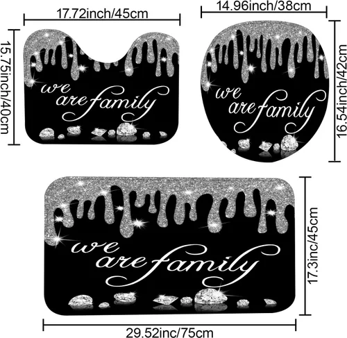 Miniatura 3 de Juego de 4 cortinas de ducha familiares de diamantes con purpurina, cortina de ducha negra con tapa de inodoro y alfombras, cortinas de ducha