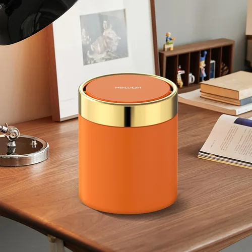 Miniatura 5 de Mini bote de basura con tapa, cubo de basura pequeño de escritorio para reciclaje, bonito bote de basura de metal para uso en encimera de mesa