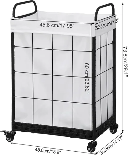 Miniatura 7 de Cesta de lavandería resistente con ruedas enrollables con cerradura, cesta de lavandería duradera y plegable con bolsa extraíble y asa de metal