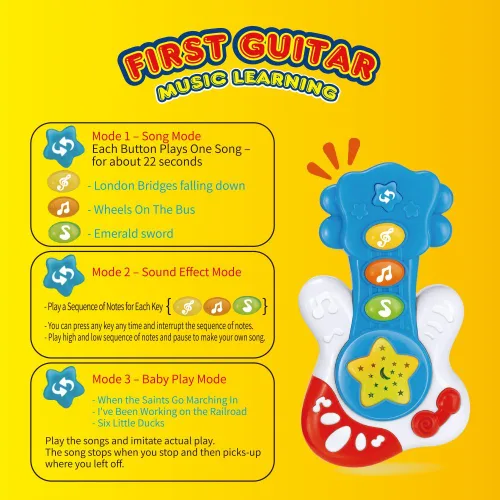 Miniatura 4 de Primera guitarra portátil. Juguete educativo para aprendizaje musical y entretenimiento para edades de 9 meses a 4 años