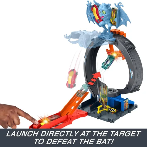 Miniatura 3 de Hot Wheels City Toy Car Track Set, Bat Loop Attack con lazo ajustable y lanzador, vehículo a escala 1:64, se conecta a otros