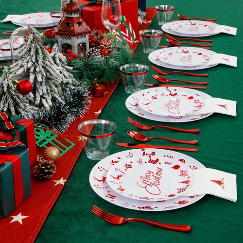 Miniatura 7 de Liacere 175 piezas de platos desechables de plástico navideños rojos y blancos - Incluye 25 platos de postre, 25 platos para cena, 25 cuchillos, 25