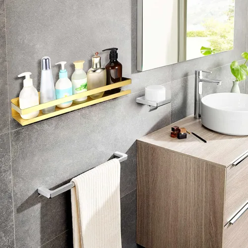 Miniatura 6 de OwnMy Estante de ducha dorado de 16 pulgadas de acero inoxidable, estante de ducha de baño, cesta de ducha, cesta de ducha de metal a prueba