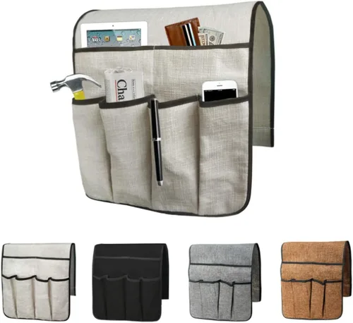 Miniatura 8 de Organizador de reposabrazos de cuero antideslizante para sofá, soporte remoto, sillón reclinable con 6 bolsillos para revistas, libros, control