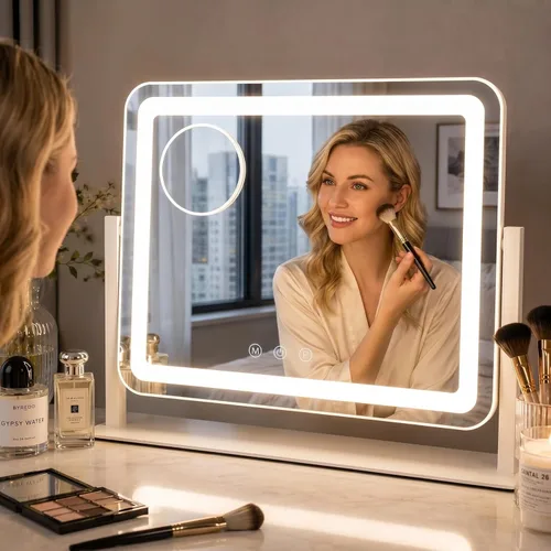 Espejo de maquillaje iluminado, espejo de tocador con luces, aumento de 10X, regalos para mujeres, 3 modos de iluminación de color, control táctil
