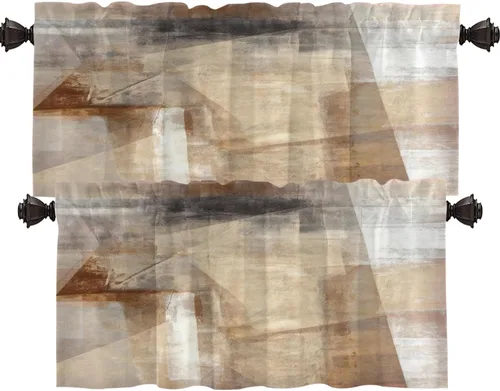 Miniatura 128 de Shrahala Beige and Orange Abstract Art Brushstrokes Blackout Curtain Tiers, Abstract Oil Paint Kitchen Valance Light Blocking Tier Drapes with Rod