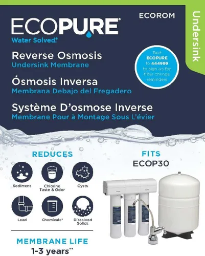 Miniatura 4 de EcoPure ECOROM Reemplazo de Membrana de Ósmosis Inversa – Compatible con ECOP30 y Sistemas Selectos de Kenmore y Brita RO – Filtro Certificado NSF