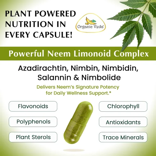 Miniatura 7 de Organic Veda Cápsulas de Neem, suplemento a base de hierbas sin OMG fabricado con hoja de neem orgánica pura para una piel sana y clara y el sistema