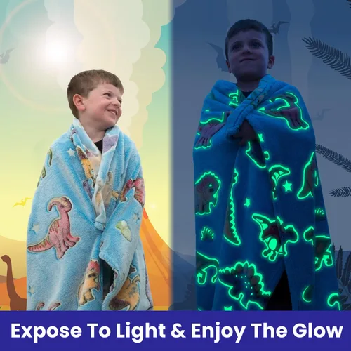 Miniatura 9 de Manta de dinosaurio para niños, manta que brilla en la oscuridad para niños y niñas pequeños, suave y acogedora manta de dinosaurio de forro polar