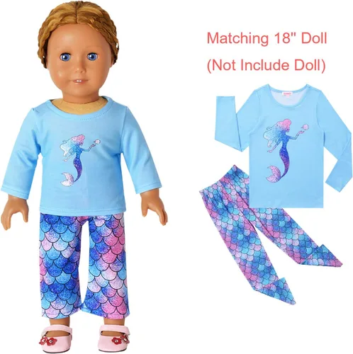 Miniatura 35 de QPANCY Conjunto de pijamas a juego para niñas y muñecas, pijamas de manga larga para otoño e invierno