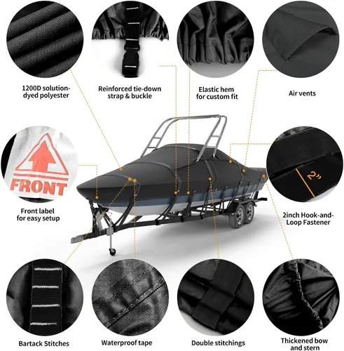 Miniatura 8 de Funda para Barco de Torre de Esquí y Wakeboard 900D Teñida en Solución 100% Impermeable con 11+6 Correas Resistentes al Viento para Cascos en V Negro