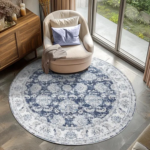 Miniatura 101 de Jinchan Fiora - Alfombra redonda de 8 pies, alfombras vintage con diseño floral envejecido, lavable a máquina, antideslizante, de pelo bajo, Azul