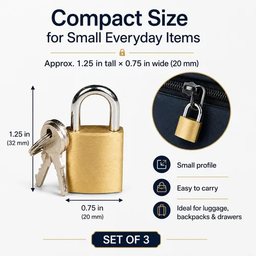 Miniatura 4 de ATB Candado de metal pequeño de 3 piezas de latón macizo con llave para equipaje, mochila, diario, cerradura de caja de joyería