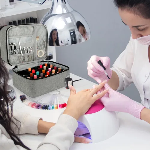 Miniatura 6 de Bolsa organizadora de esmalte de uñas, organizador de suministros de uñas de doble capa con capacidad para 30 botellas y lámpara de uñas, estuche
