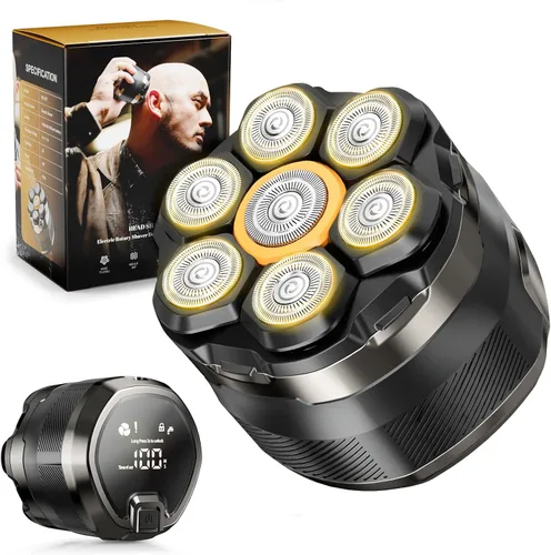 Afeitadora de cabeza para hombres calvos: maquinilla de afeitar eléctrica 7D - Afeitado en seco y húmedo - Kit de aseo profesional para calvos con