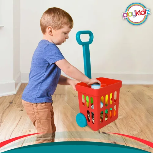 Miniatura 8 de Playkidz Juego de carrito de compras de juguete, juguetes de plástico para alimentos, juego interactivo, recursos de aprendizaje y diversión