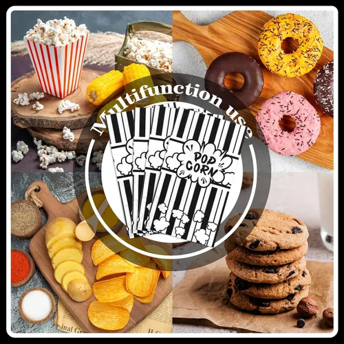 Miniatura 4 de Whaline 200 bolsas de papel para palomitas de maíz de noche de película, 2 onzas, rayas blancas y negras, contenedor de palomitas de maíz de fondo