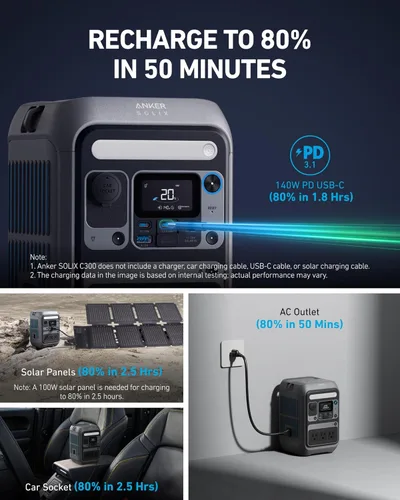 Miniatura 6 de Anker Estación de energía portátil SOLIX C300, batería LiFePO4 de 288 Wh, generador solar de 300 W (pico de 600 W), carga rápida bidireccional