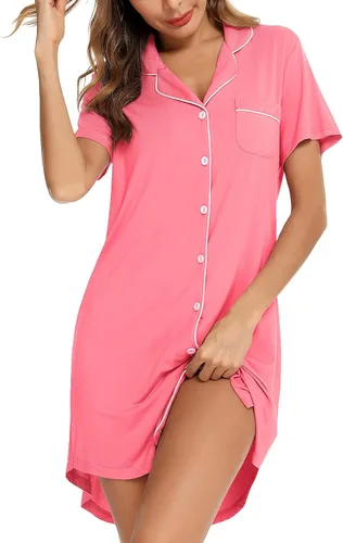 Miniatura 6 de Samring Camisón de pijama para mujer, manga corta/larga, con botones, camisón para dormir, camisón para novio, talla XXL