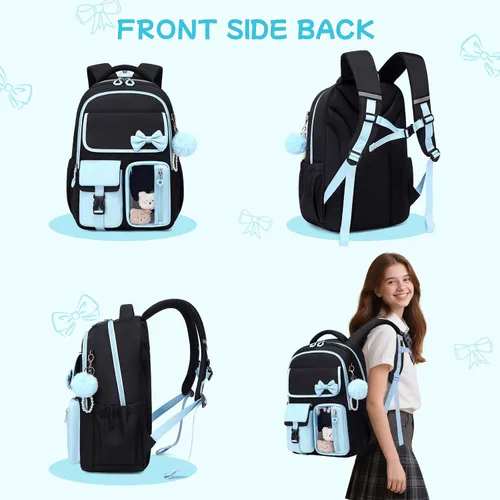 Miniatura 5 de Mochila para niñas, mochila escolar para niñas, bonita mochila con lazo para niñas, niños y adolescentes, para estudiantes de escuela primaria