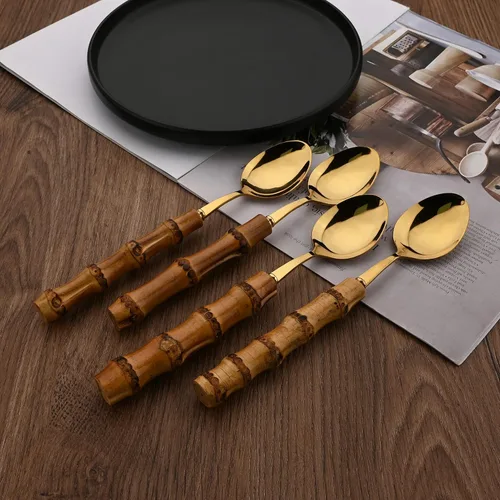 Miniatura 7 de Juego de cubiertos de mango de bambú natural, juego de cubiertos de acero inoxidable para 4, tenedores, cucharas, cuchillos para uso diario, 16