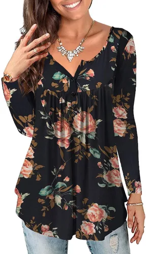 a.Jesdani - Blusas para mujer, tipo túnica, de manga larga, estilo Henley, casual, con diseño floral, talla extra grande
