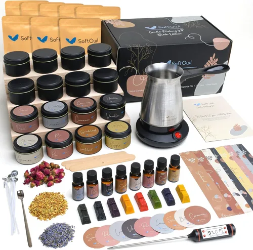 Miniatura 8 de SoftOwl Kit de fabricación de velas de soja premium, edición negra, juego completo, cera de soja, tarros y latas grandes de 7 onzas, 7 aromas Kit