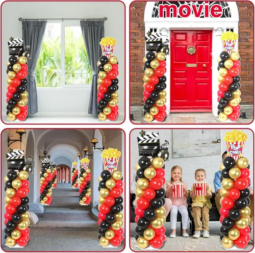 Miniatura 7 de Juego de 2 soportes de columna de globos nocturnos de película con 102 globos de aluminio de palomitas de maíz, soporte de torre ajustable de 5.57