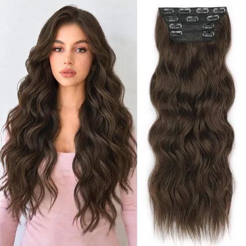 Miniatura 52 de ALXNAN Extensiones de cabello sintético largo y ondulado con clip, de 16 pulgadas, color negro natural, 4 piezas gruesas, fibra de doble trama