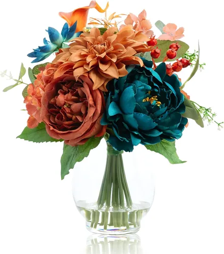 Miniatura 10 de WELL KNOWN Flores falsas en jarrón, flores artificiales con agua falsa, rosa de seda sintética de tacto real y tulipanes florecientes, flor