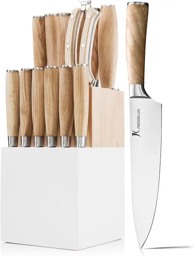 Miniatura 2 de Kangdelun Juego de 15 cuchillos y 4 cuchillos de chef, con caja de regalo, acero inoxidable de alto carbono ultra afilado, mango de madera