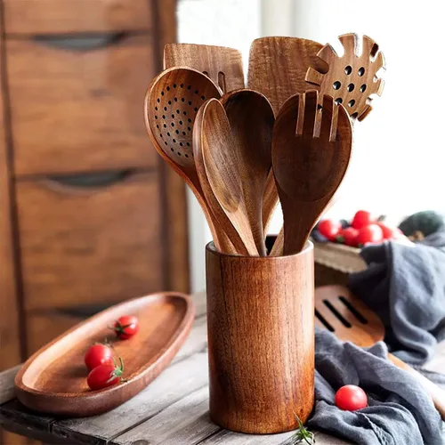 Miniatura 3 de Juego de utensilios de cocina de madera de teca, 7 piezas, utensilios de cocina de madera, incluye espátula