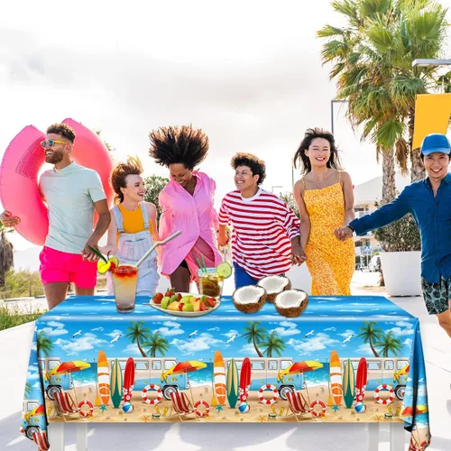 Miniatura 4 de 3 manteles de playa de verano, fundas de mesa temáticas de playa, decoración de mesa temática de cumpleaños hawaiano para verano, piscina, surf