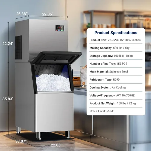 Miniatura 6 de Máquina de hielo comercial de 680 libras/24 horas con contenedor de almacenamiento de 560 libras, 156 cubitos de hielo listos en 5-15 minutos