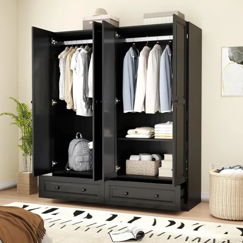 Miniatura 3 de Armario Armario con cajón: Armario de dormitorio para colgar ropa, armario de madera para ropa con puertas, Armario con estantes (negro, 63 pulgadas)